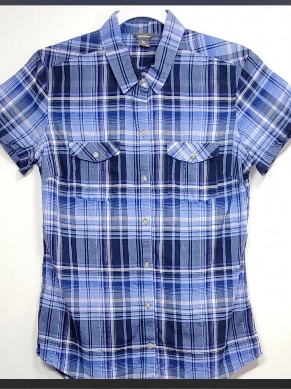 Women’s Eddie Bauer Short Sleeve Button Up Blue Plaid Camp Shirt Size Small
